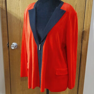 Misook red black knit lightweight zip up blazer euc